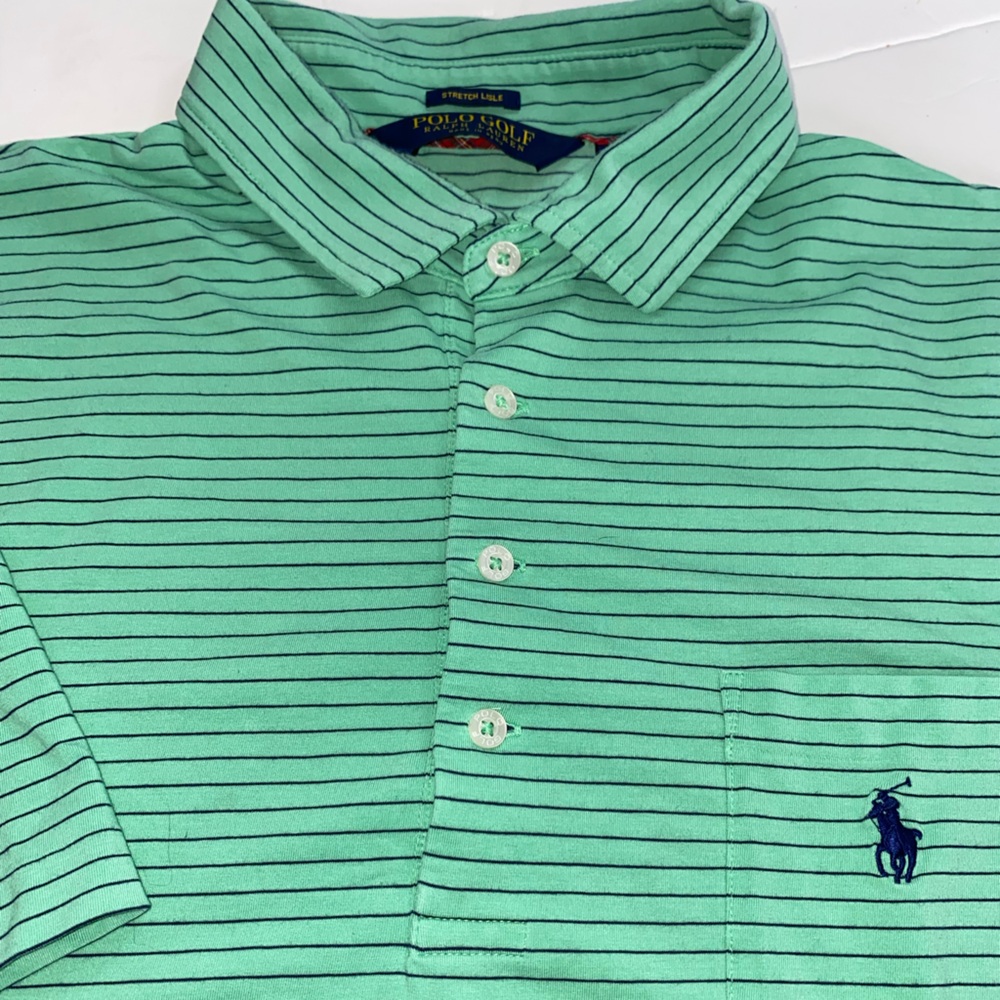 POLO GOLF Ralph Lauren GREEN / NAVY Striped Cotton Polo Shirt XL EUC 0123